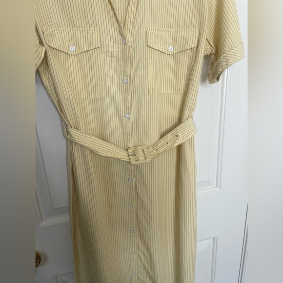 ICHI Yellow Striped Belted Shirt Dress Button Down Midi Short Sleeve Pockets - Picture 6 of 14